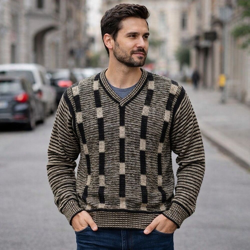 Vintage La Squadra Monte Carlo Italy Wool Sweater Mens L Brown Pattern Knit